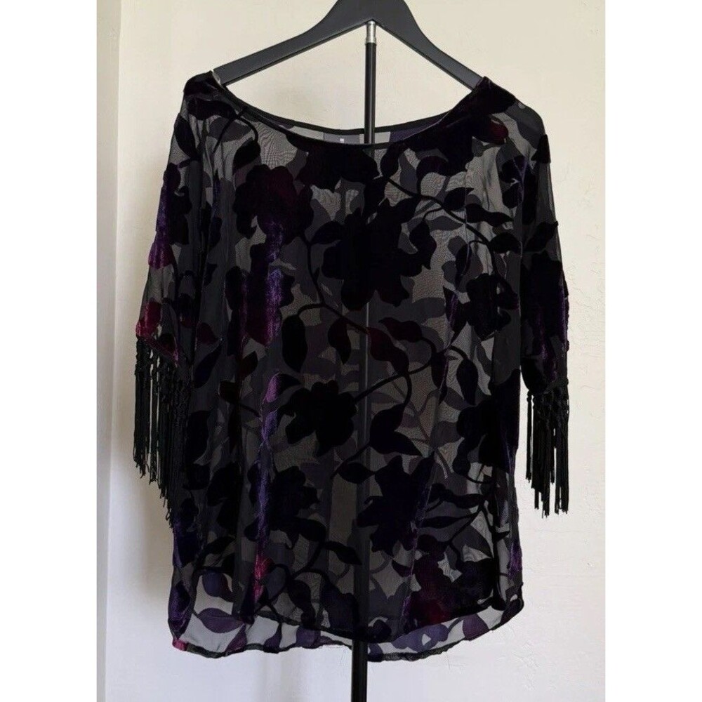 Buffalo David Button L Burnout Velvet Poncho Blouse Fringe Whimsigoth Boho Chic